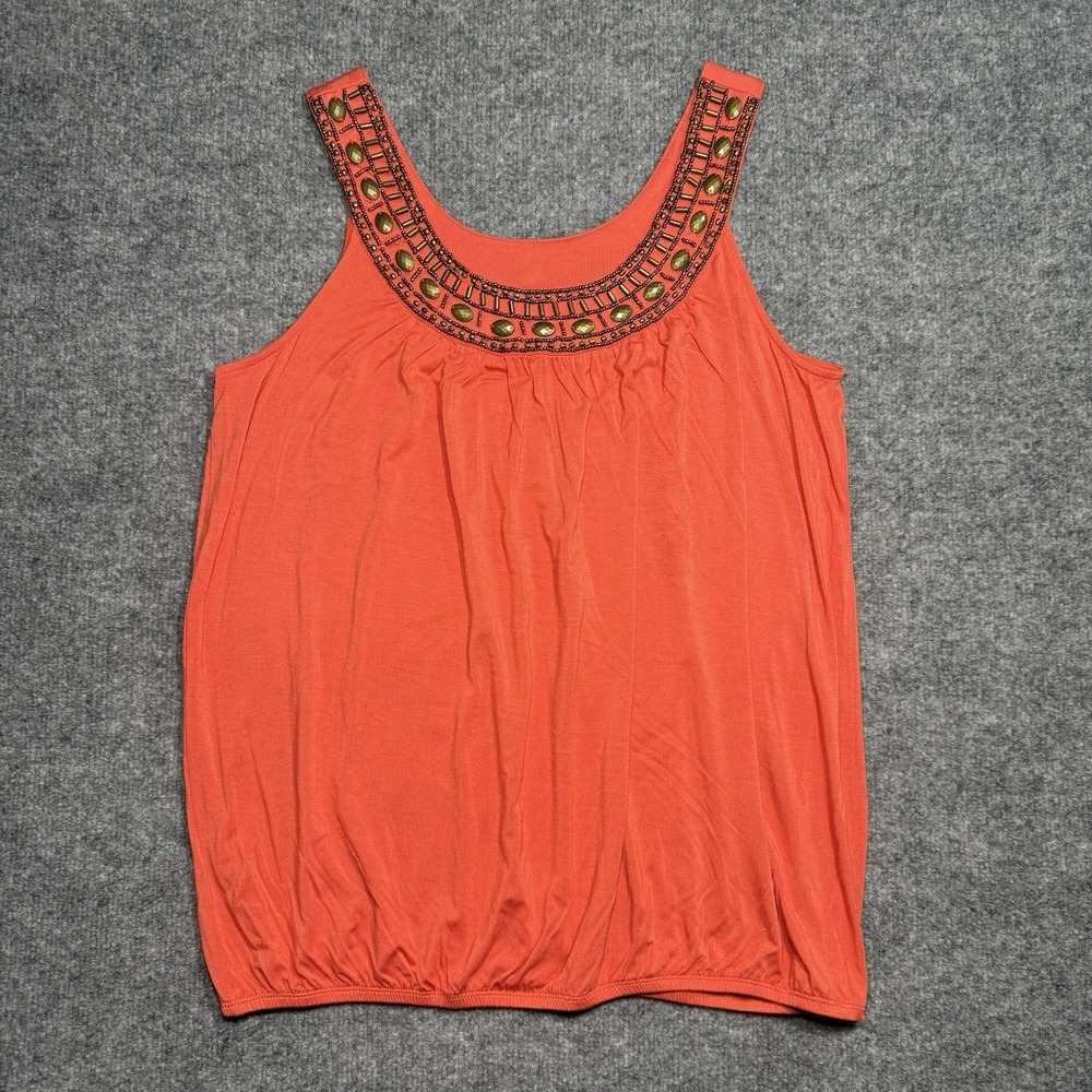 Grace Elements Women's Coral Orange Beaded Neckline Banded Bottom Shirt Size Med